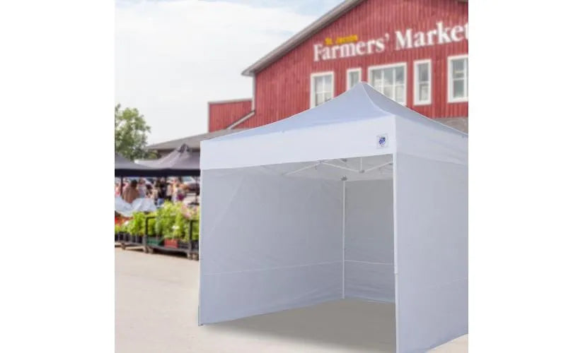 custom farmers market canopy tent booth with sidewalls set up at outdoor market