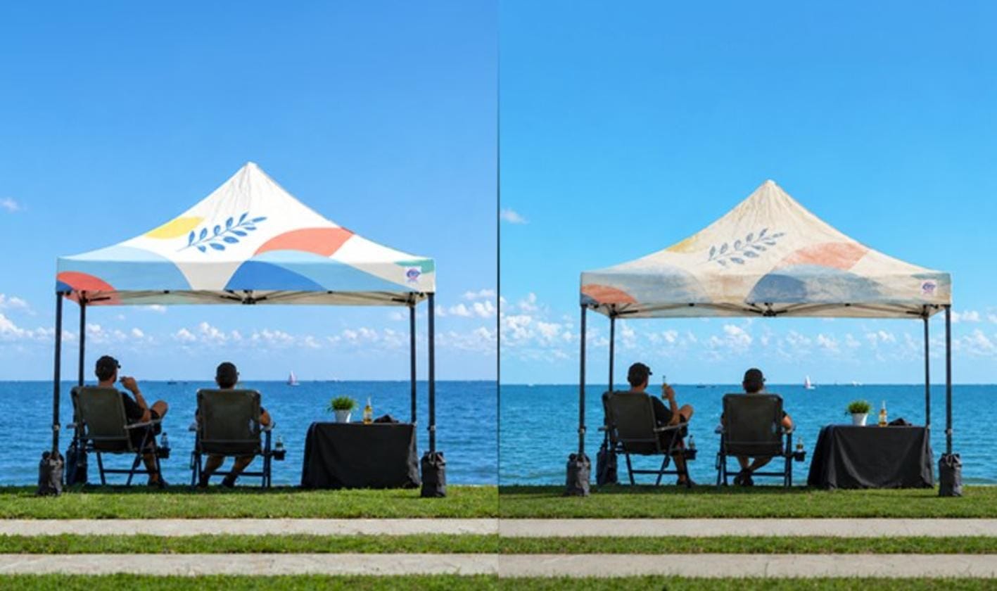 Side-by-side comparison of custom-printed canopy tents showing color retention and fading, illustrating the impact of different canopy printing methods and UV exposure.