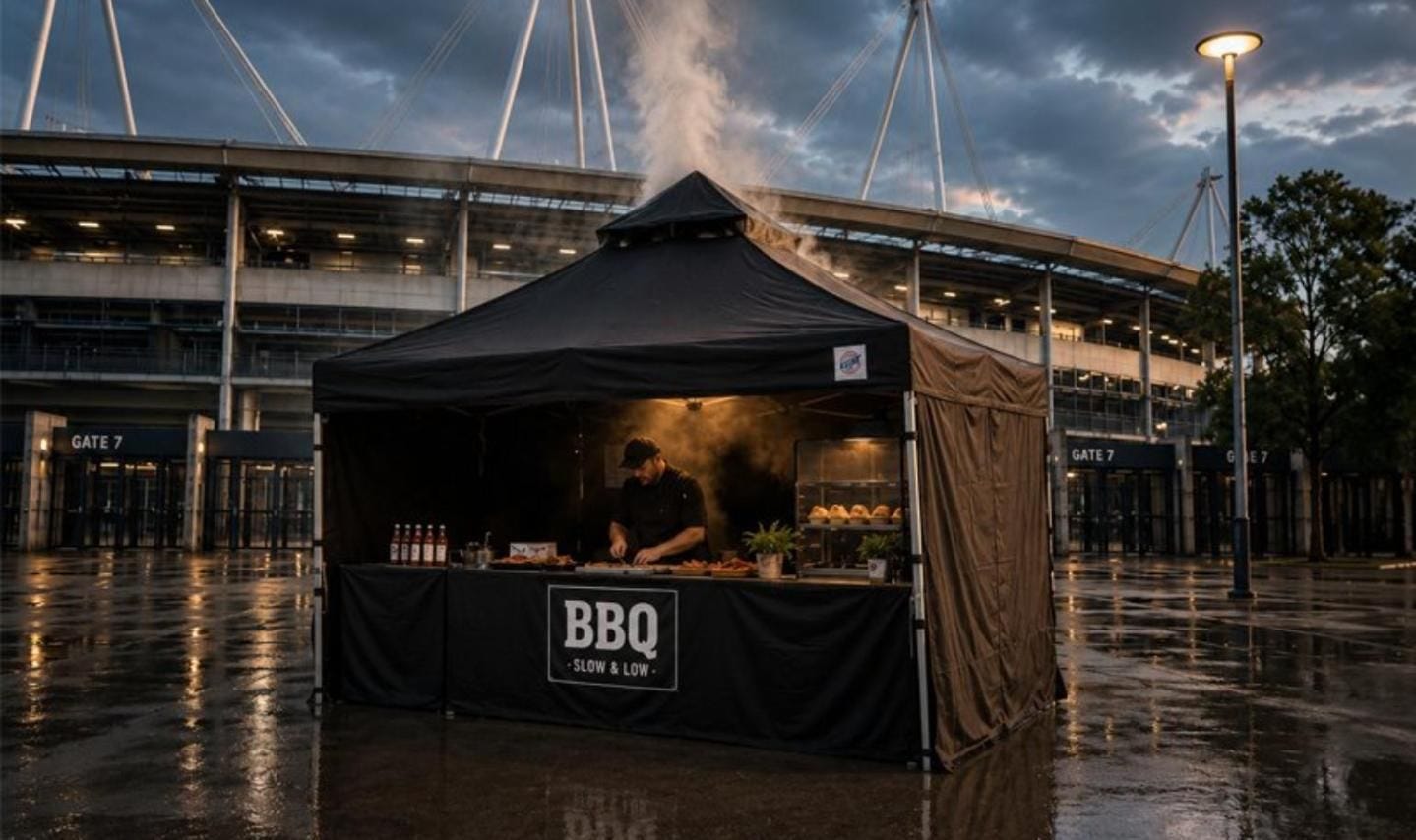 Vented canopy tent at an outdoor food vendor setup, demonstrating airflow, heat reduction, and weather performance compared to non-vented canopy tops.