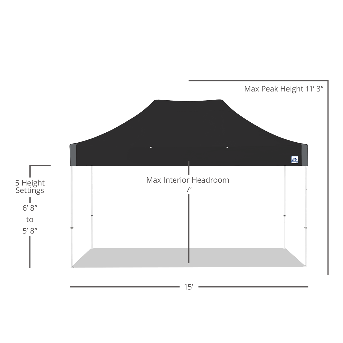 Measurement chart of a black canopy tent with dimensions on a white background