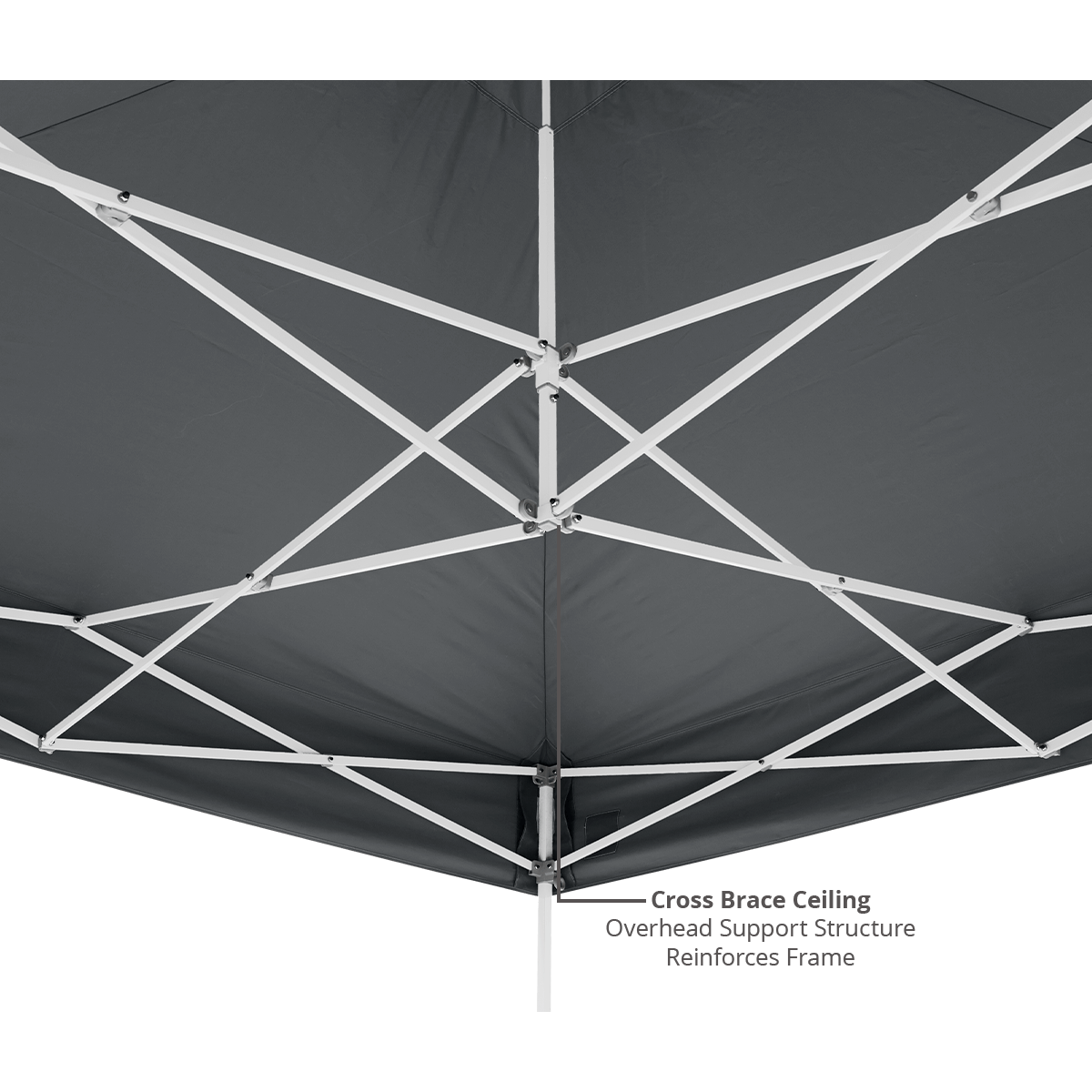 Close-up of a black canopy with white cross braces on a white background