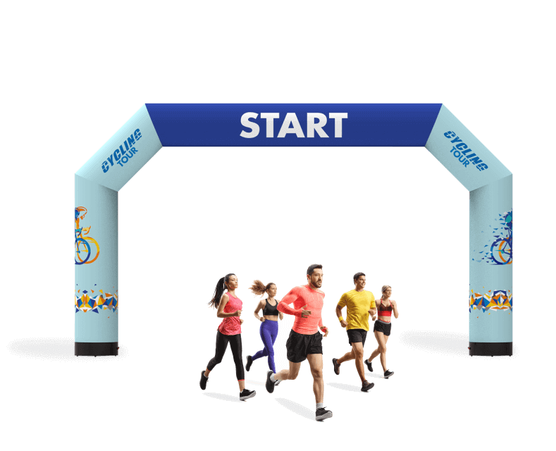 Custom-printed E-Z UP Aero inflatable event arch with START banner and runners