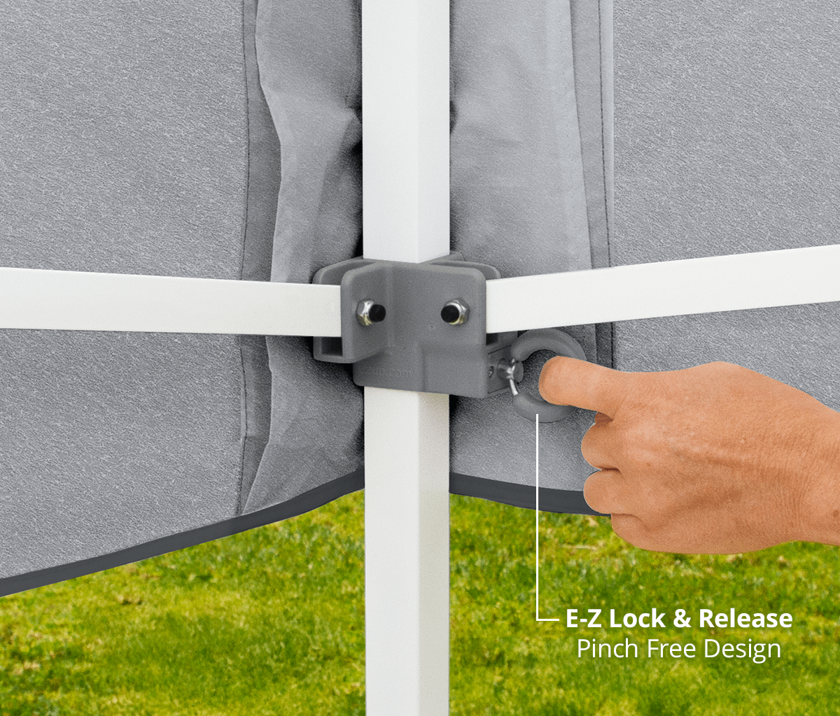 E-Z UP Vantage white-frame detail - lock and release
