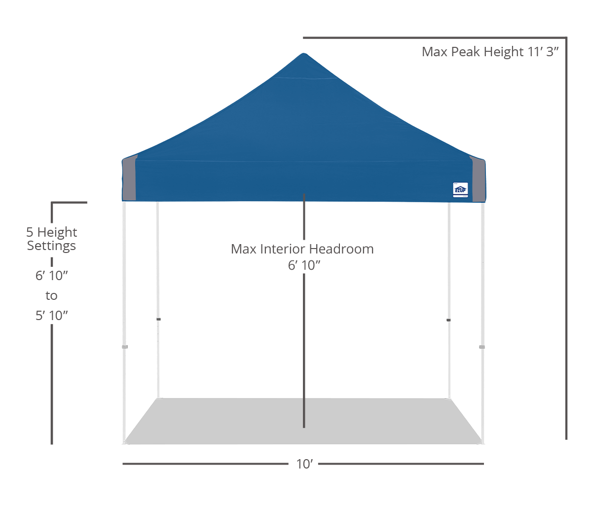 E-Z UP Vantage 10 x 10 canopy dimensions - Royal Blue canopy with white frame