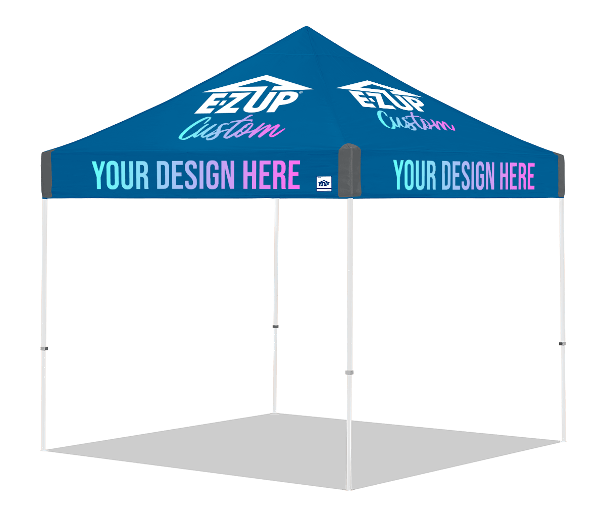 E-Z UP Custom Vantage 10 x 10 canopy - 4 Peaks & 4 Valances (Full Coverage Graphics) / Royal Blue - white frame