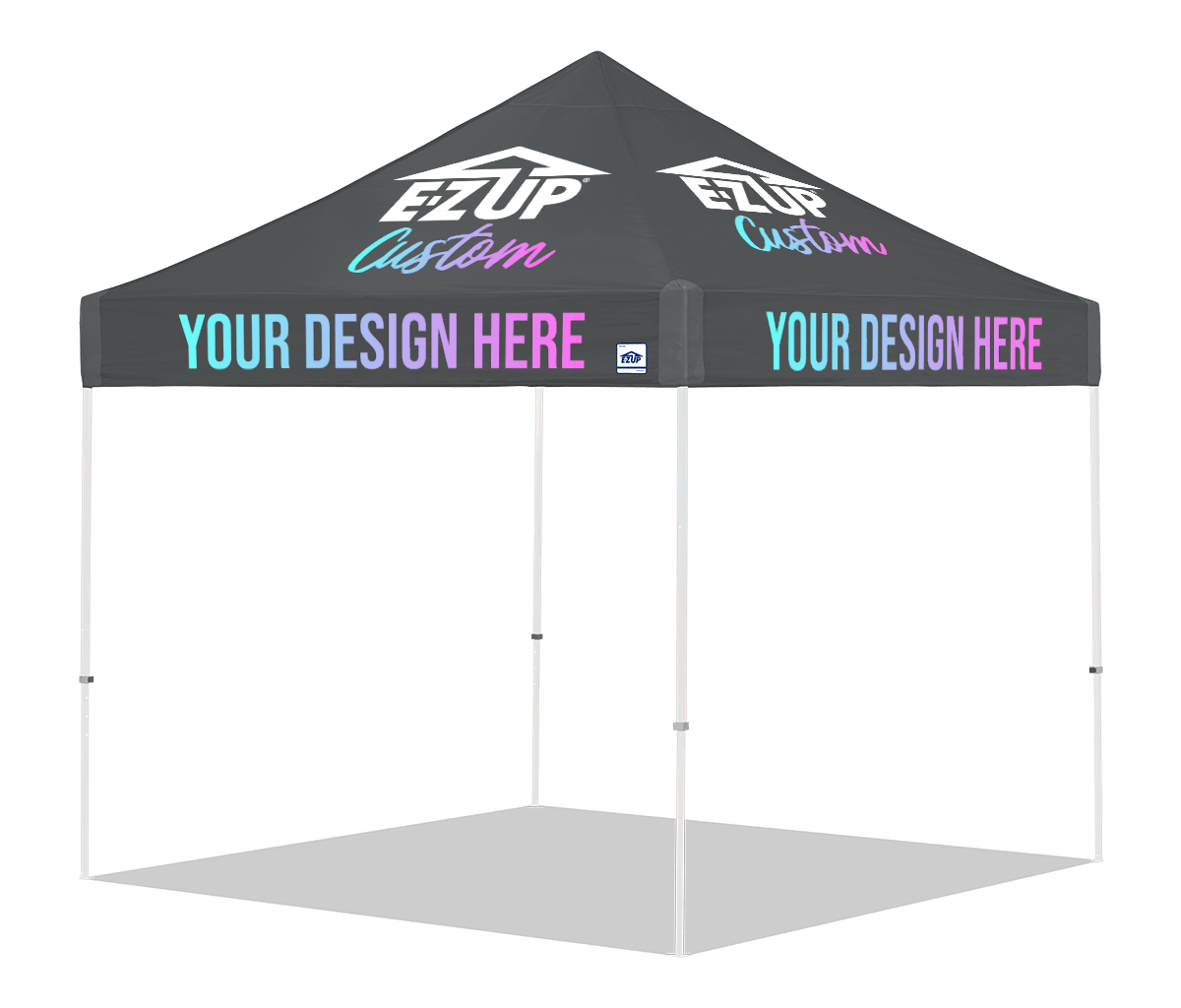 E-Z UP Custom Vantage 10 x 10 canopy - 4 Peaks & 4 Valances (Full Coverage Graphics) / Steel Gray - white frame