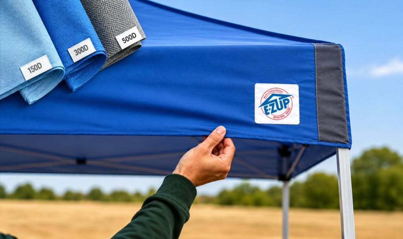 Close-up of canopy tent fabric with denier weight comparisons, demonstrating how fabric thickness and material weight impact canopy durability and lifespan.
