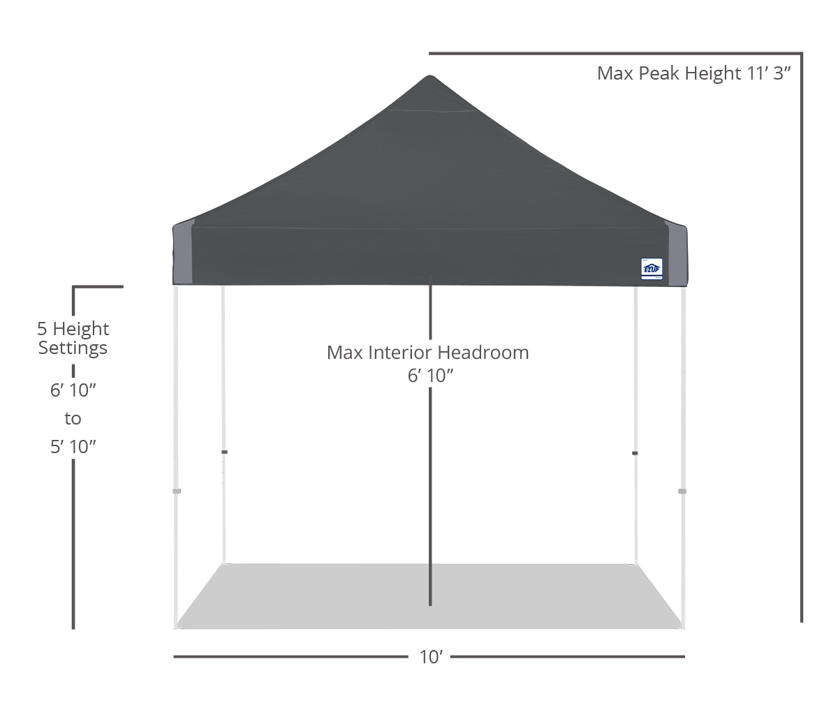 E-Z UP Vantage 10 x 10 canopy dimensions - Steel Gray canopy with white frame