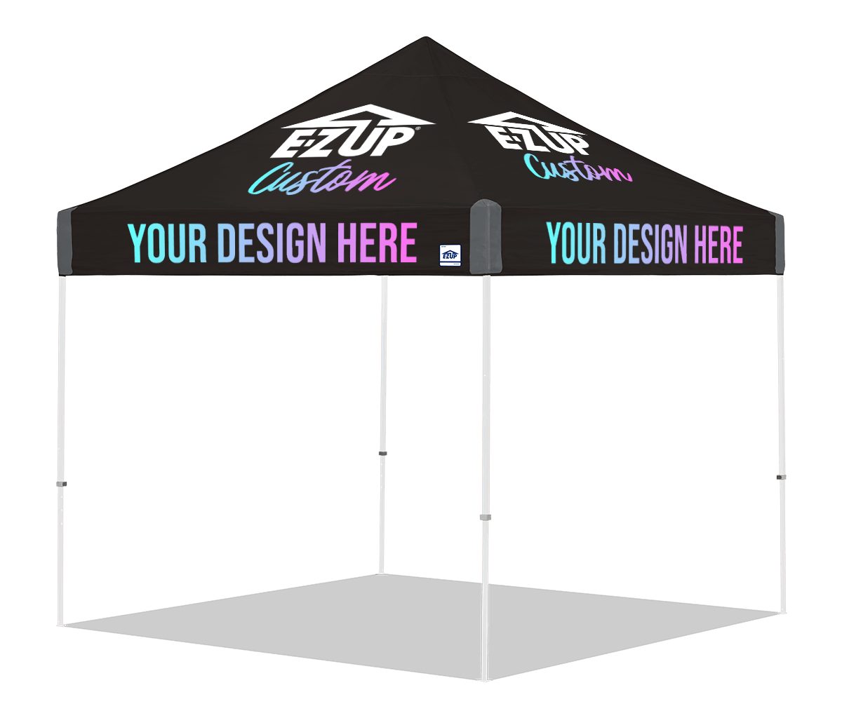E-Z UP Custom Vantage 10 x 10 canopy - 4 Peaks & 4 Valances (Full Coverage Graphics) / Black - white frame